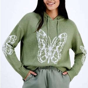 Just Polly Butterfly Hoodie Sweater Junior's Medium‎ Olive Boho Hippie Retro NWT